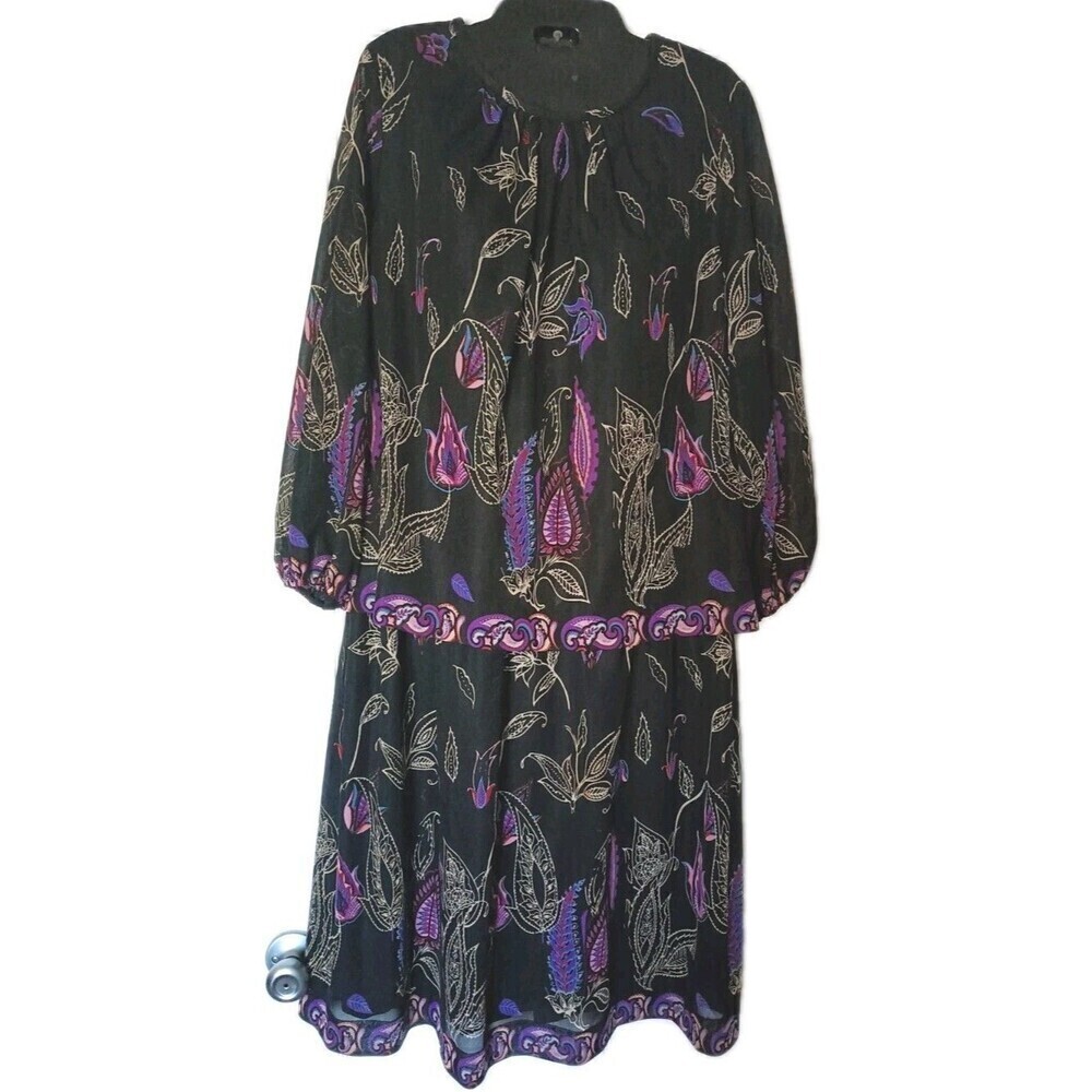 Vintage 80s Dress Rich Lady Secretary  Size 16 Floral Paisley Blouson Chiffon